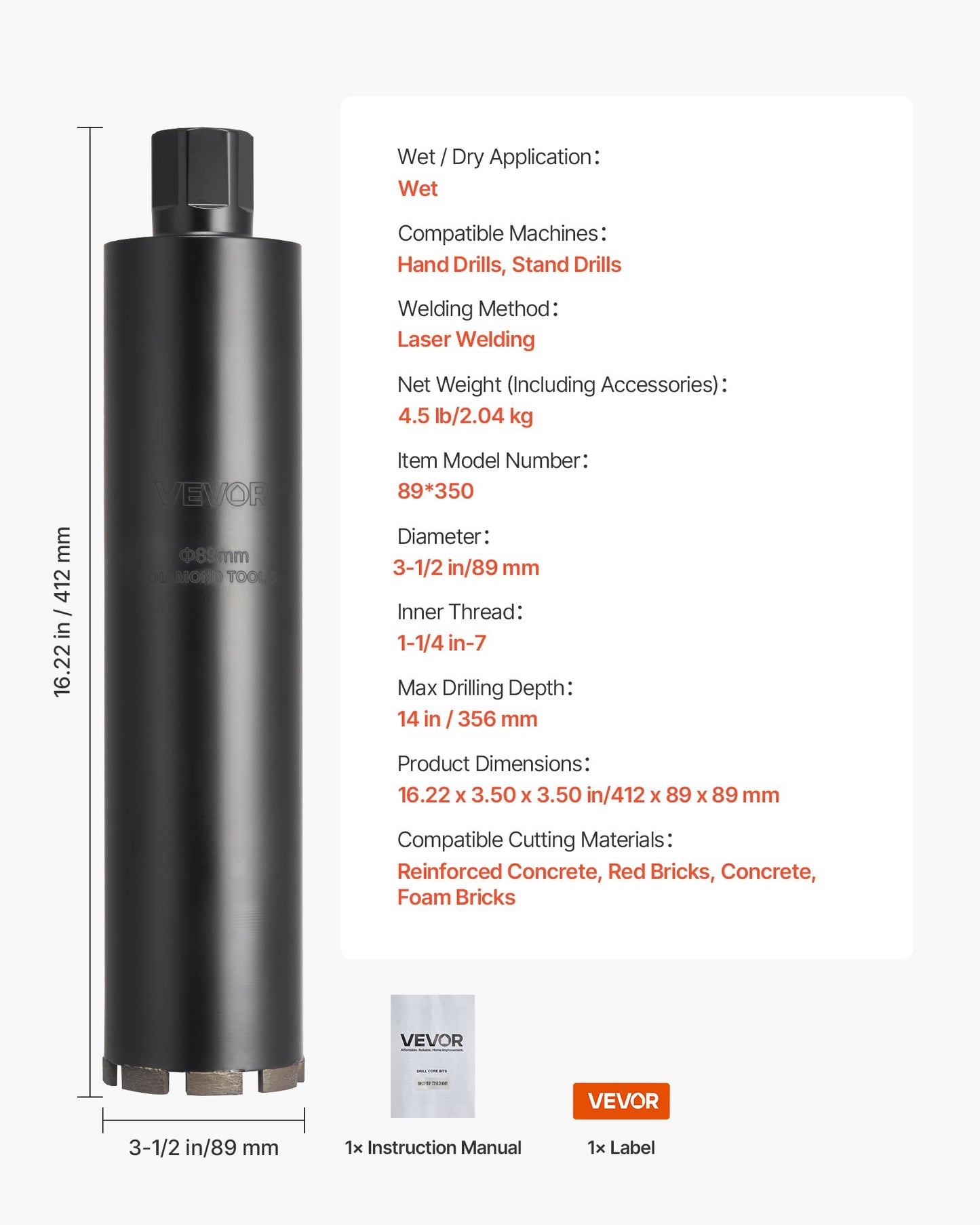 Core Drill Bit, 3-1/2 inch Diameter, 14 inch Drilling Depth, 1-1/4 in-7 Internal Thread, High-Precision Welding Technology, Wet Diamond Core Bit for Reinforced Concrete, Bricks, and Masonry