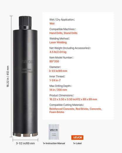 Core Drill Bit, 3-1/2 inch Diameter, 14 inch Drilling Depth, 1-1/4 in-7 Internal Thread, High-Precision Welding Technology, Wet Diamond Core Bit for Reinforced Concrete, Bricks, and Masonry