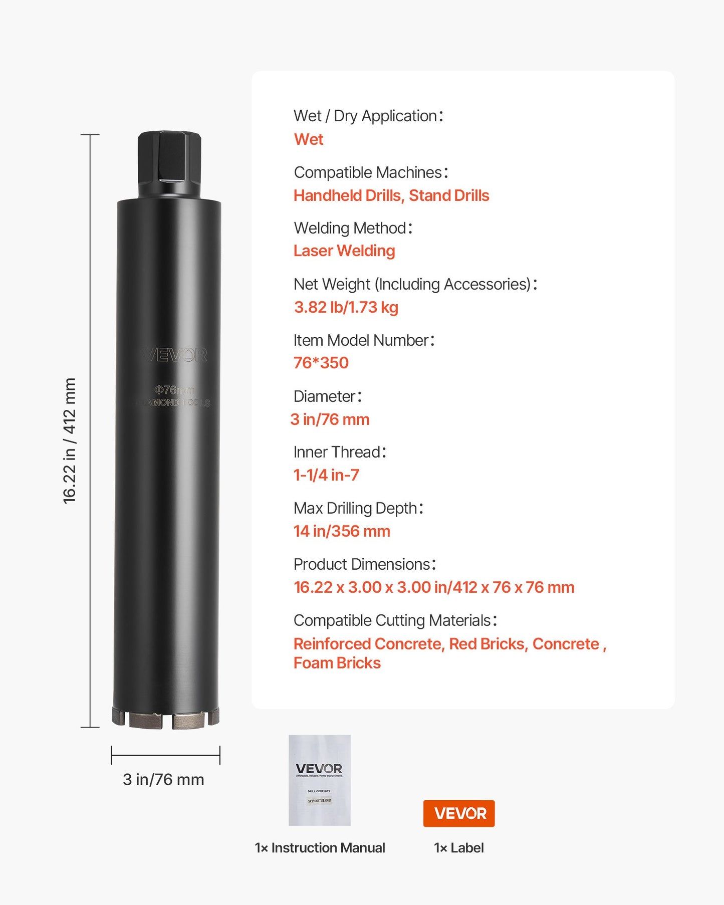 Core Drill Bit, 3 inch Diameter, 14 inch Drilling Depth, 1-1/4 in-7 Internal Thread, High-Precision Welding Technology, Wet Diamond Core Bit for Reinforced Concrete, Red Bricks, and Masonry