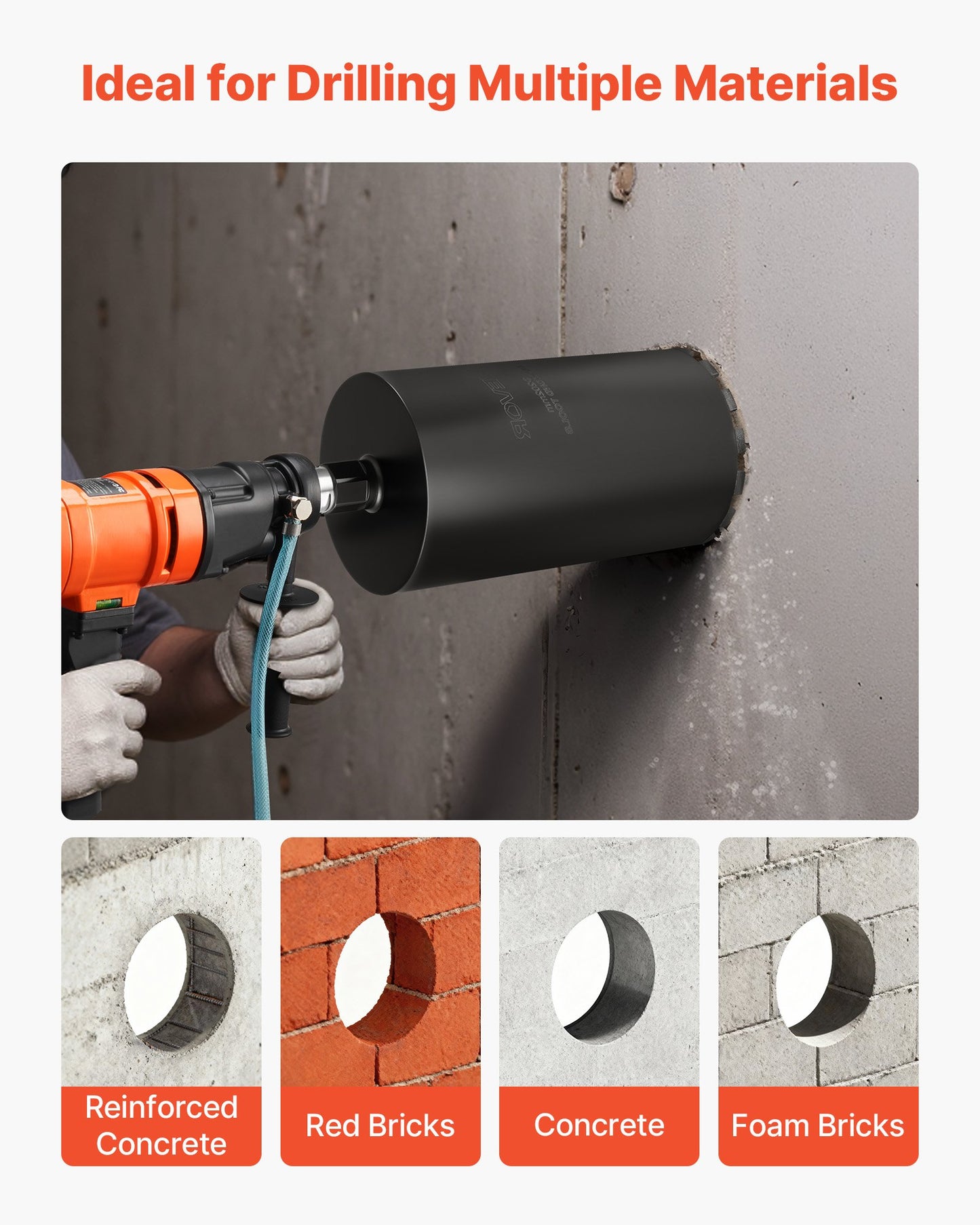 Core Drill Bit, 8 inch Diameter, 14 inch Drilling Depth, 1-1/4 in-7 Internal Thread, High-Precision Welding Technology, Wet Diamond Core Bit for Reinforced Concrete, Red Bricks, and Masonry