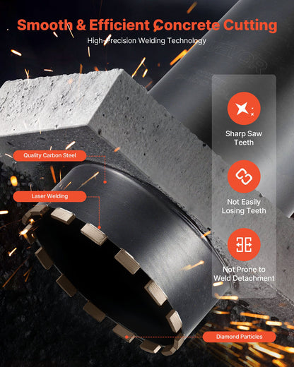 Core Drill Bit, 8 inch Diameter, 14 inch Drilling Depth, 1-1/4 in-7 Internal Thread, High-Precision Welding Technology, Wet Diamond Core Bit for Reinforced Concrete, Red Bricks, and Masonry