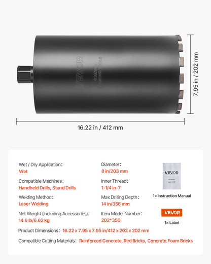 Core Drill Bit, 8 inch Diameter, 14 inch Drilling Depth, 1-1/4 in-7 Internal Thread, High-Precision Welding Technology, Wet Diamond Core Bit for Reinforced Concrete, Red Bricks, and Masonry