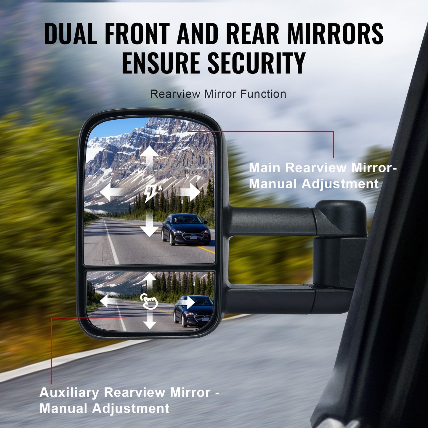 Towing Mirrors, Left & Right Pair Set for Chevrolet Silverado (1999-2007)/GMC/Cadillac, Tow Mirror with Plane & Convex Glass, Manual Controlling Telescoping Folding, Four-Way Adjustable, Black
