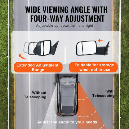 Towing Mirrors, for 2009-2018 Dodge Ram 1500, 2010-2018 Ram 2500 3500, 2019-2023 Ram 1500 Classic Model, Power Heated with Signal Light & Puddle Light, Manual Controlling Flipping Folding, Black
