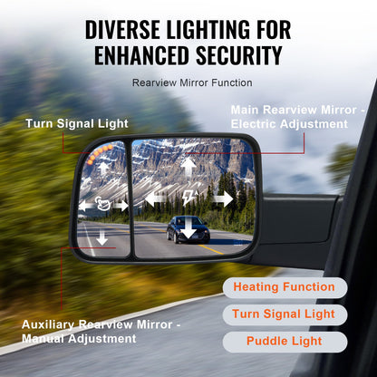 Towing Mirrors, for 2009-2018 Dodge Ram 1500, 2010-2018 Ram 2500 3500, 2019-2023 Ram 1500 Classic Model, Power Heated with Signal Light & Puddle Light, Manual Controlling Flipping Folding, Black
