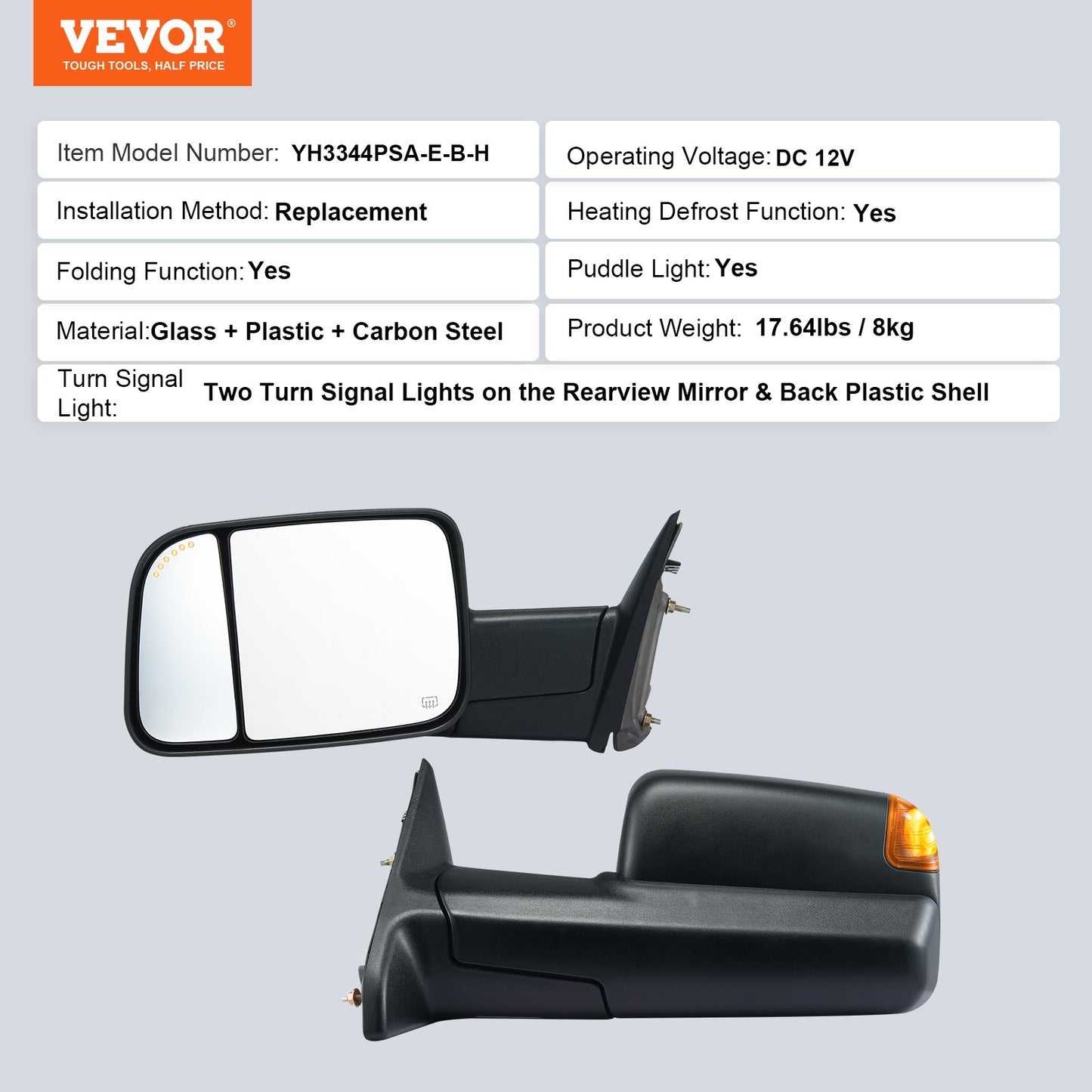 Towing Mirrors, for 2009-2018 Dodge Ram 1500, 2010-2018 Ram 2500 3500, 2019-2023 Ram 1500 Classic Model, Power Heated with Signal Light & Puddle Light, Manual Controlling Flipping Folding, Black