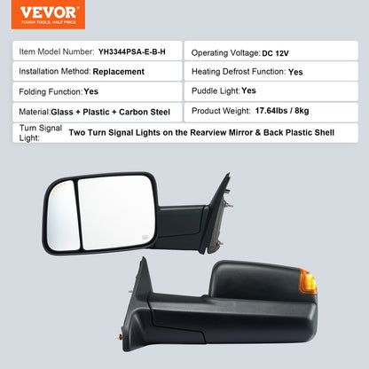 Towing Mirrors, for 2009-2018 Dodge Ram 1500, 2010-2018 Ram 2500 3500, 2019-2023 Ram 1500 Classic Model, Power Heated with Signal Light & Puddle Light, Manual Controlling Flipping Folding, Black