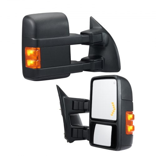 Towing Mirrors, Left & Right Pair Set for 2008-2016 Ford F250 F350 F450 F550, Power Heated with Signal Light, Plane & Convex Glass, Manual Controlling Telescoping Folding, Heating Defrost, Black