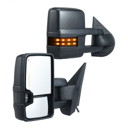 Towing Mirrors, Left & Right Pair Set for Chevrolet Silverado (2007-2014)/GMC/Cadillac, Power Heated with Signal Light & LED Driving Light, Manual Telescoping Folding, and Heating Defrost, Black