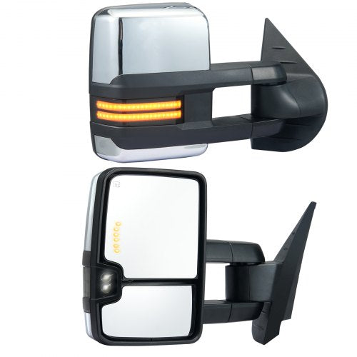 Towing Mirrors, Left & Right Pair Set for Chevrolet Silverado (2007-2014)/GMC/Cadillac, Power Heated Tow Mirror with Signal Light, Manual Controlling Telescoping Folding, Heating Defrost, Silver
