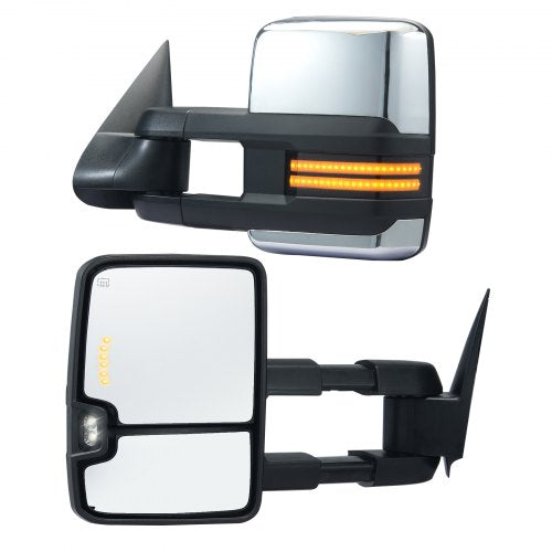 Towing Mirrors, Left & Right Pair Set for Chevrolet Silverado (2003-2007)/GMC/Cadillac, Power Heated Tow Mirror with Signal Light, Manual Controlling Telescoping Folding, Heating Defrost, Silver