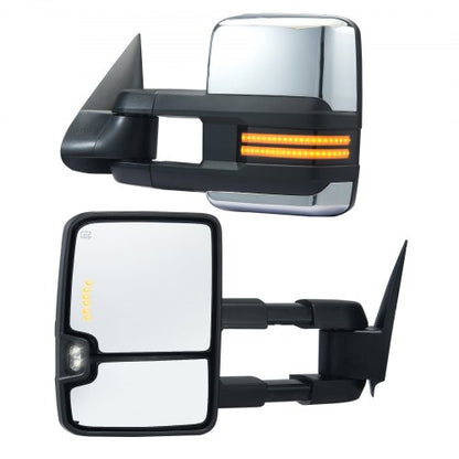 Towing Mirrors, Left & Right Pair Set for Chevrolet Silverado (2003-2007)/GMC/Cadillac, Power Heated Tow Mirror with Signal Light, Manual Controlling Telescoping Folding, Heating Defrost, Silver