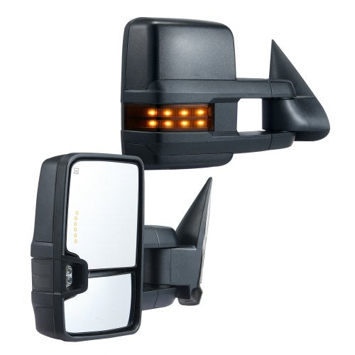 Towing Mirrors, Left & Right Pair Set for Chevrolet Silverado (2014-2019)/GMC, Power Heated with Signal Light & LED Driving Light, Manual Controlling Telescoping Folding, Heating Defrost, Black
