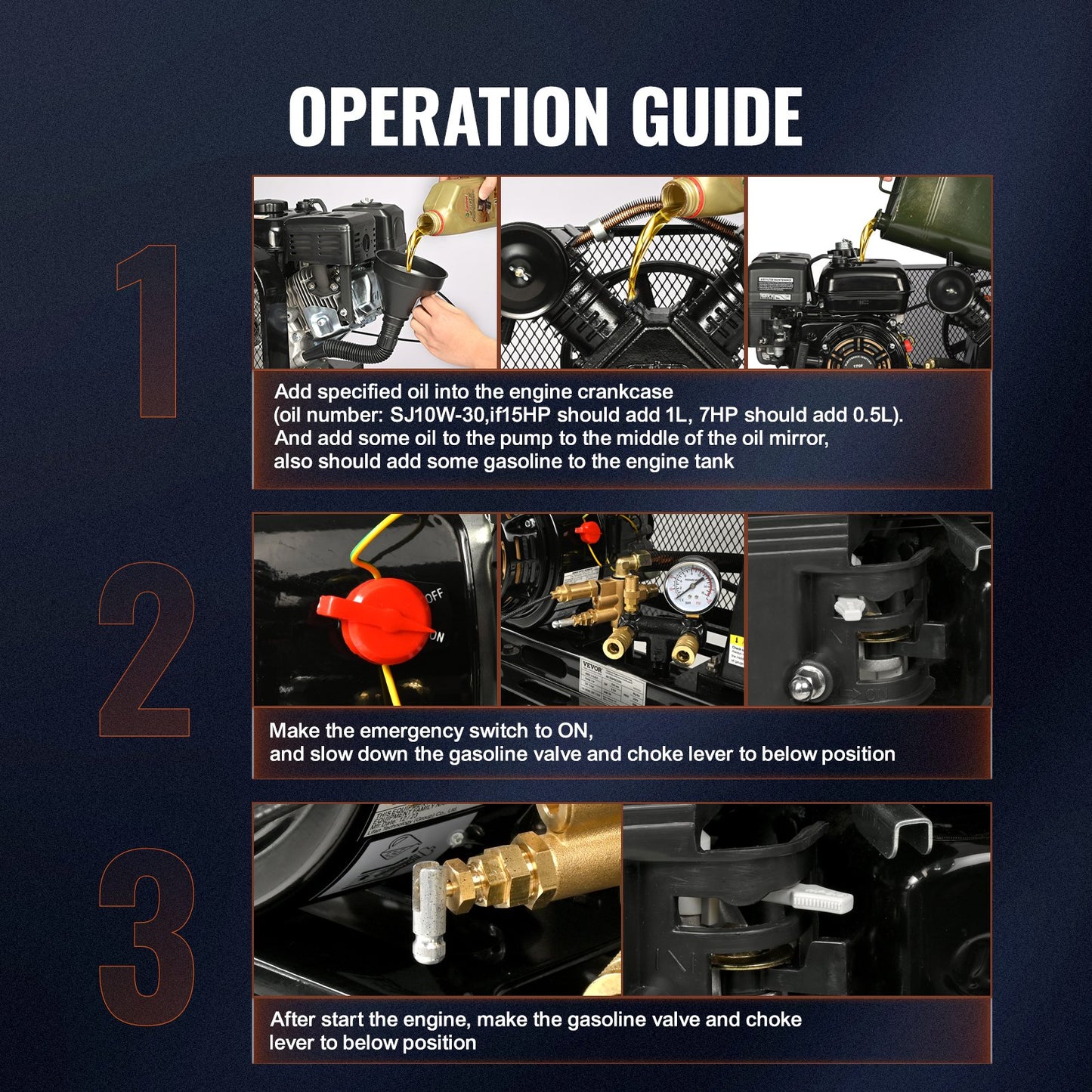 7HP Gas Powered Air Compressor, 13.2 Gallon Horizontal Air Compressor Tank, 9CFM@115PSI Gas Driven Piston Pump Air Compressed System with 115PSI Max Pressure for Construction Sites Workshop