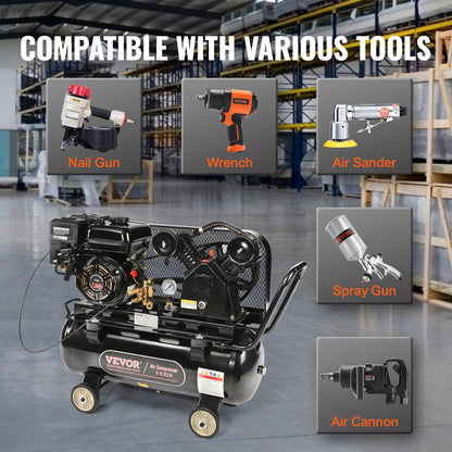 7HP Gas Powered Air Compressor, 13.2 Gallon Horizontal Air Compressor Tank, 9CFM@115PSI Gas Driven Piston Pump Air Compressed System with 115PSI Max Pressure for Construction Sites Workshop