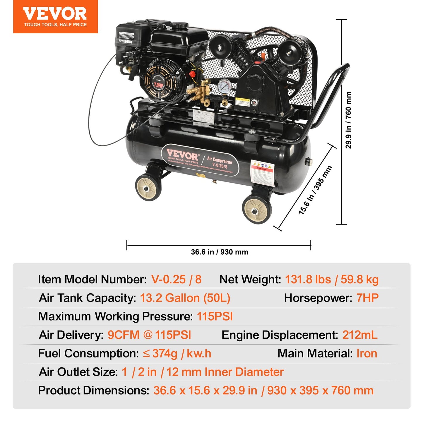 7HP Gas Powered Air Compressor, 13.2 Gallon Horizontal Air Compressor Tank, 9CFM@115PSI Gas Driven Piston Pump Air Compressed System with 115PSI Max Pressure for Construction Sites Workshop