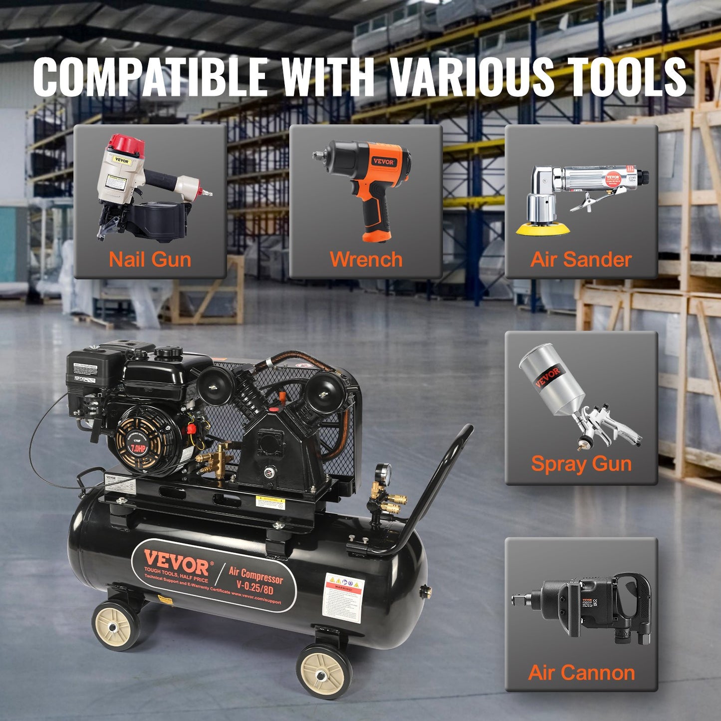 7HP Gas Powered Air Compressor, 21 Gallon Horizontal Air Compressor Tank, 9CFM@115PSI Gas Driven Piston Pump Air Compressed System with 115PSI Max Pressure for Construction Sites Workshop