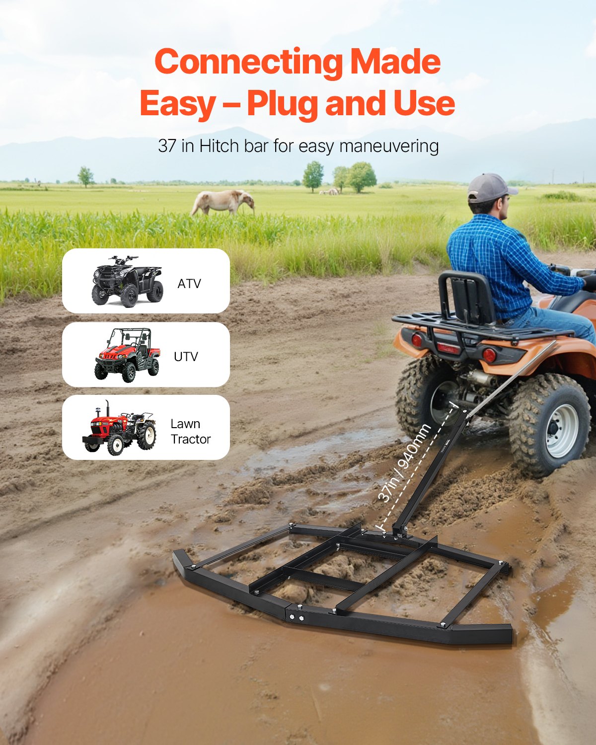 Drag Harrow, 66" Width Tow Behind Drag Harrow, Q235 Steel Driveway Grader with Adjustable Bars & Pin Hitch, Support up to 50 lbs, Tractor Driveway Harrow for ATVs, UTVs, Garden Lawn Tractors