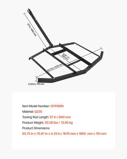 Drag Harrow, 66" Width Tow Behind Drag Harrow, Q235 Steel Driveway Grader with Adjustable Bars & Pin Hitch, Support up to 50 lbs, Tractor Driveway Harrow for ATVs, UTVs, Garden Lawn Tractors