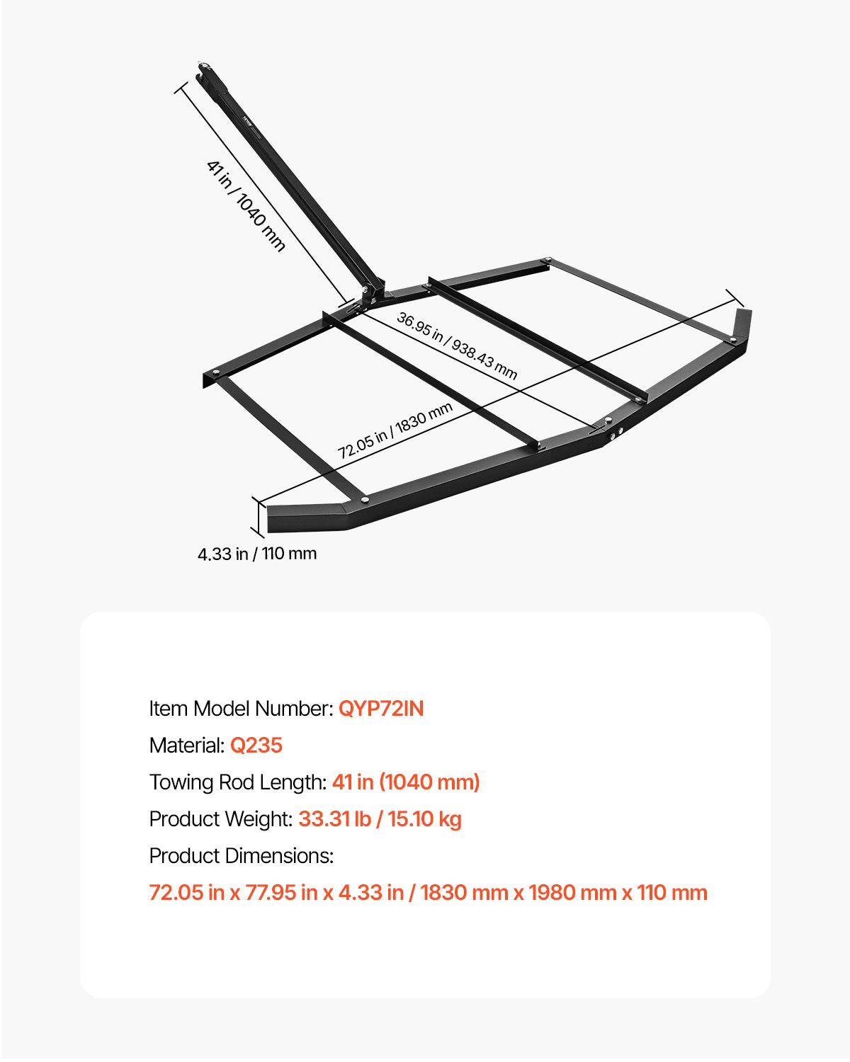 Drag Harrow 72" Width Tow Behind Drag Harrow Steel Gravel Grader ATV UTV