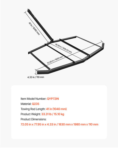 Drag Harrow 72" Width Tow Behind Drag Harrow Steel Gravel Grader ATV UTV