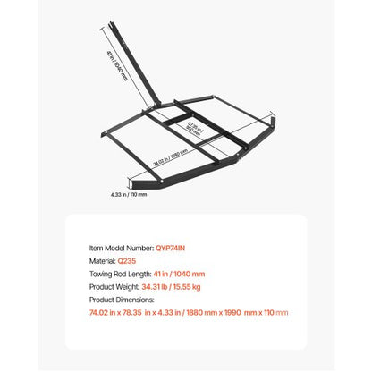 Pull Harrow 74" Wide Tow Behind Pull Harrow Steel Gravel Grader ATV UTV | EU