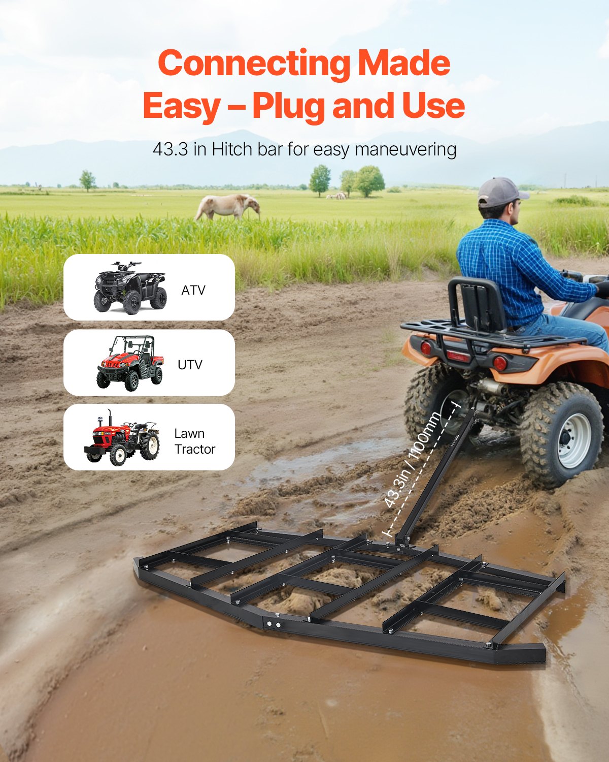 Drag Harrow, 84" Width Tow Behind Drag Harrow, Q235 Steel Driveway Grader with Adjustable Bars & Pin Hitch, Support up to 50 lbs, Tractor Driveway Harrow for ATVs, UTVs, Garden Lawn Tractors