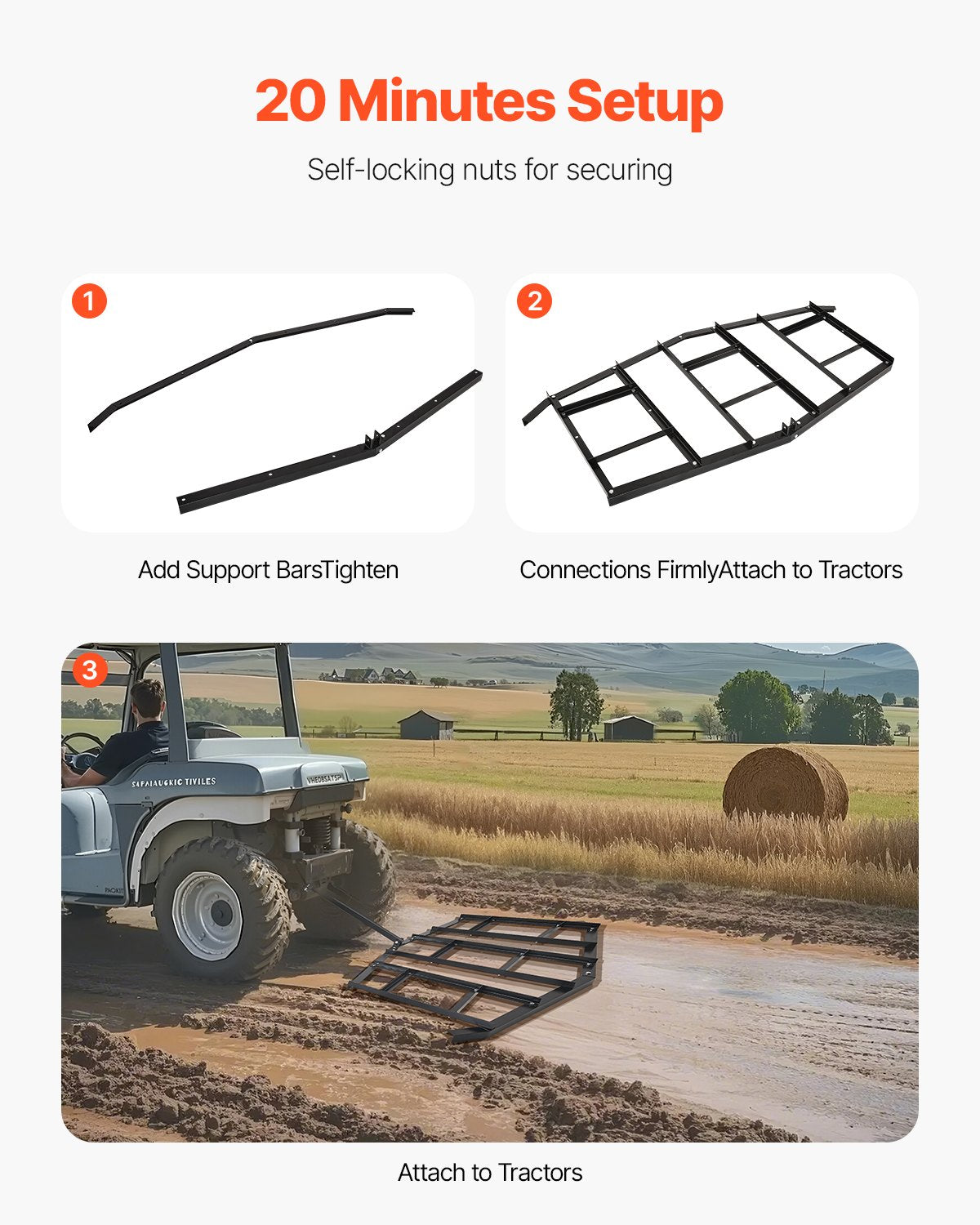 Drag Harrow, 84" Width Tow Behind Drag Harrow, Q235 Steel Driveway Grader with Adjustable Bars & Pin Hitch, Support up to 50 lbs, Tractor Driveway Harrow for ATVs, UTVs, Garden Lawn Tractors