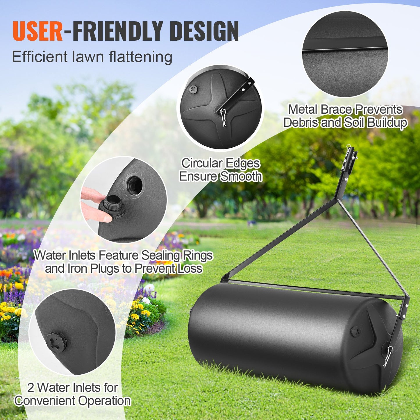 Bogsering bakom gräsmattor, 400 lbs sand-/vattenfylld trädgårdsrulle, LLDPE-trumma och stålram med lättvridbar plugg, bogsering bakom en traktor eller ATV för gräsmatta, trädgård, gård, park, svart