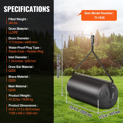Bogsering bakom gräsmattor, 400 lbs sand-/vattenfylld trädgårdsrulle, LLDPE-trumma och stålram med lättvridbar plugg, bogsering bakom en traktor eller ATV för gräsmatta, trädgård, gård, park, svart