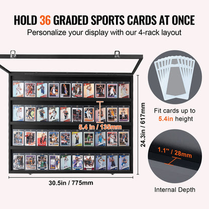 36 Graded Sports Card Display Case, 30.5x24.3x2.1 in, Baseball Card Display Frame with 98% UV Protection Clear View PC Glass, Lockable Wall Cabinet for Football Basketball Hockey Trading Card