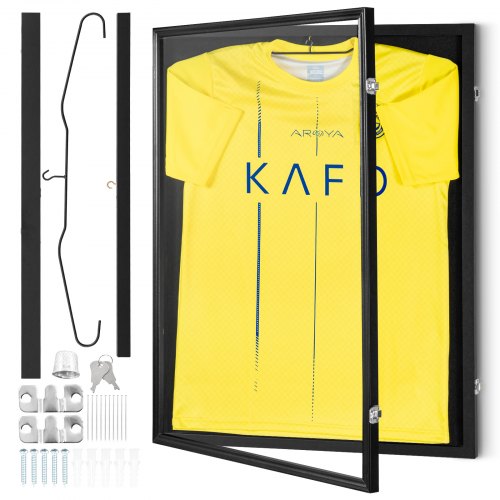 Jersey Display Frame Case, 24 x 32 x 1.5 in, Large Lockable Sport Jersey Shadow Box with 98% UV Protection PC Glass and Hangers, for Baseball Basketball Football Hockey Shirt and Uniform, Black