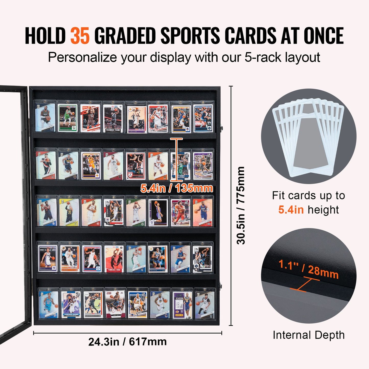 35 Graded Sports Card Display Case, 24.3x30.5x2.1 in, Baseball Card Display Frame with 98% UV Protection Clear View PC Glass, Lockable Wall Cabinet for Football Basketball Hockey Trading Card
