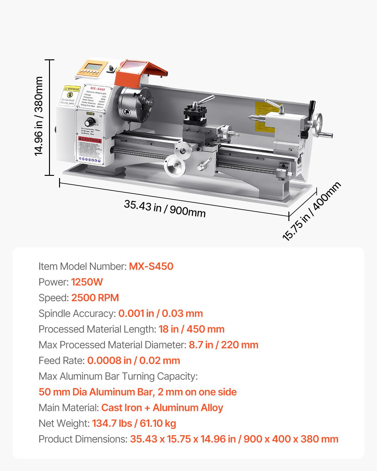 Metal Lathe Machine, 8.7 x 18 in, Precision Bench Power Metal Lathe, Automatic Feed, 0-2500 RPM Variable Speed, 1250W Brushless Motor, for Processing Precision Parts Soft Metals Wood Plastics