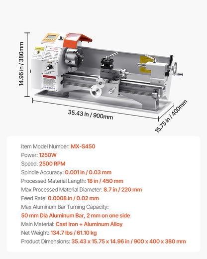 Metal Lathe Machine, 8.7 x 18 in, Precision Bench Power Metal Lathe, Automatic Feed, 0-2500 RPM Variable Speed, 1250W Brushless Motor, for Processing Precision Parts Soft Metals Wood Plastics