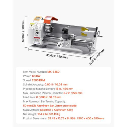 Metalldrehmaschine 8,7 x 18 Zoll Tischdrehmaschine mit automatischem Vorschub | EU