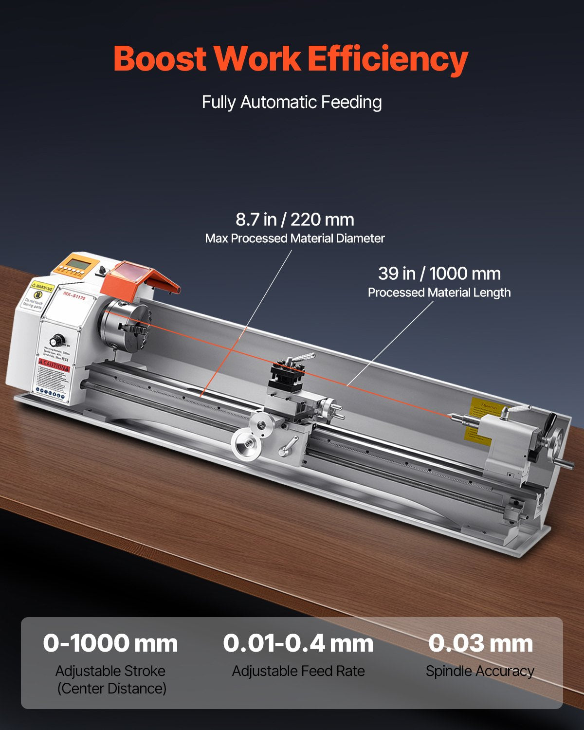 Metal Lathe Machine, 8.7 x 39 in, Precision Bench Power Metal Lathe, Automatic Feed, 0-2500 RPM Variable Speed, 1250W Brushless Motor, for Processing Precision Parts Soft Metals Wood Plastics