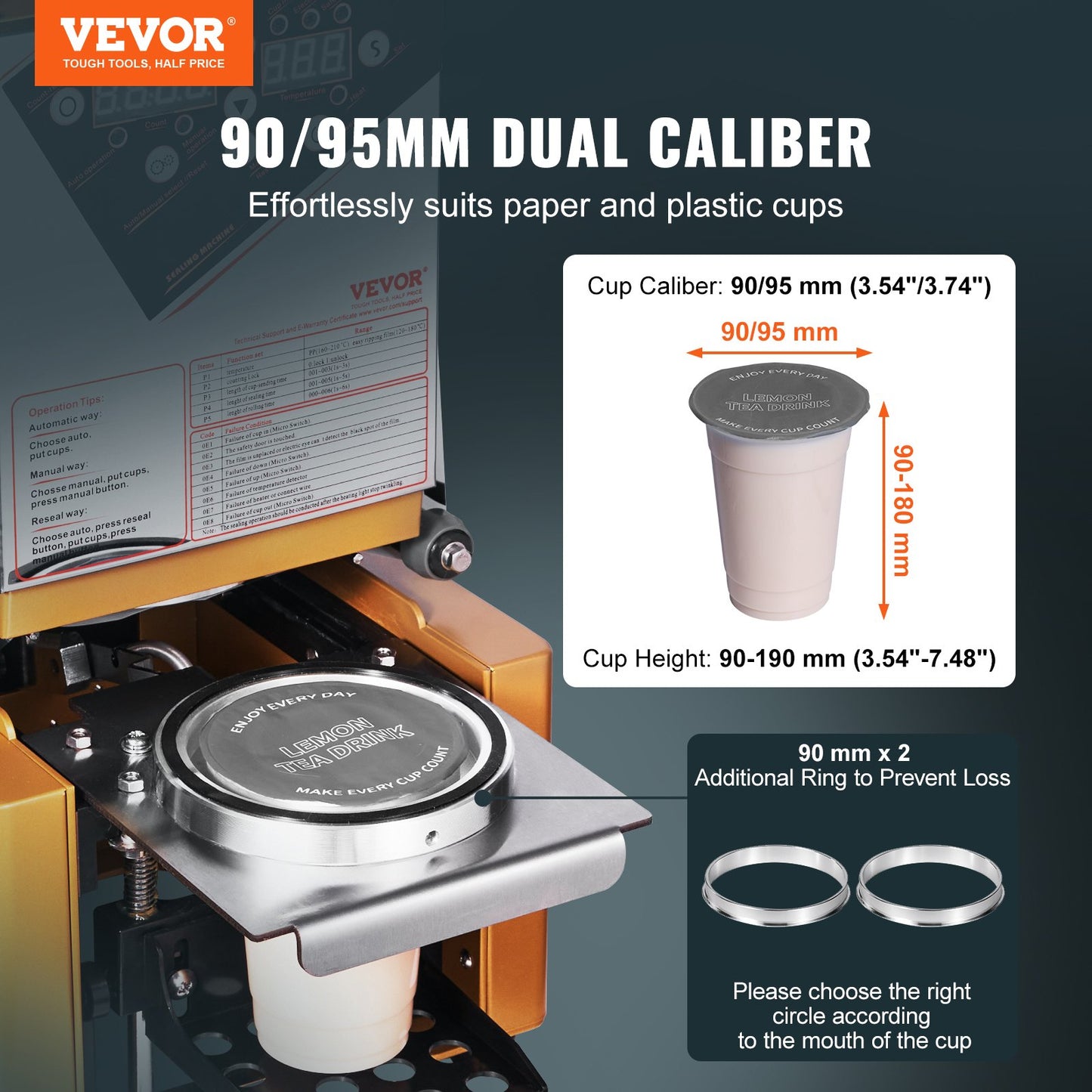 Fully Automatic Cup Sealing Machine, 500-650 Cups/H, Cup Sealer Machine for 190 mm Tall & 90/95 mm Cup, Electric Tea Sealer with Digital Control LCD Panel for Bubble Milk Tea Coffee, Gold