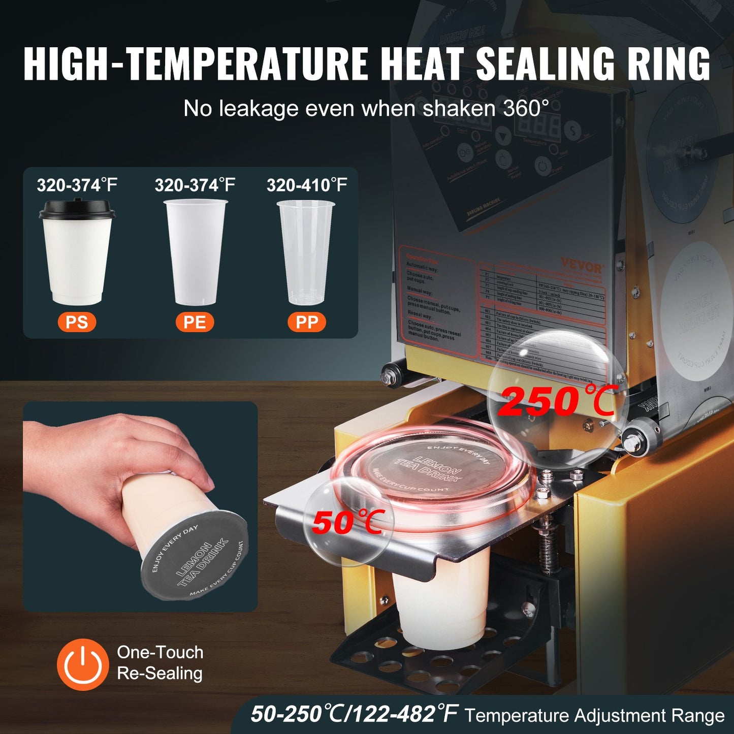 Fully Automatic Cup Sealing Machine, 500-650 Cups/H, Cup Sealer Machine for 190 mm Tall & 90/95 mm Cup, Electric Tea Sealer with Digital Control LCD Panel for Bubble Milk Tea Coffee, Gold