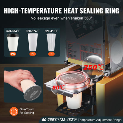Fully Automatic Cup Sealing Machine, 500-650 Cups/H, Cup Sealer Machine for 190 mm Tall & 90/95 mm Cup, Electric Tea Sealer with Digital Control LCD Panel for Bubble Milk Tea Coffee, Gold