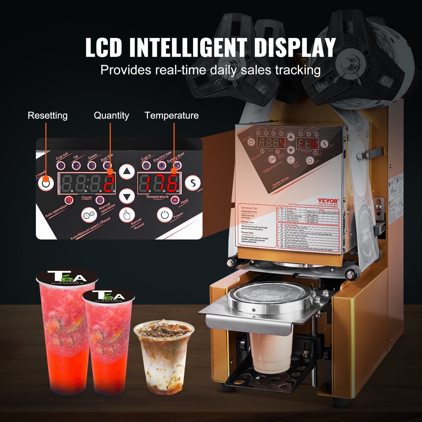 Fully Automatic Cup Sealing Machine, 500-650 Cups/H, Cup Sealer Machine for 190 mm Tall & 90/95 mm Cup, Electric Tea Sealer with Digital Control LCD Panel for Bubble Milk Tea Coffee, Gold