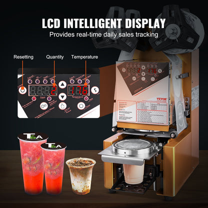 Fully Automatic Cup Sealing Machine, 500-650 Cups/H, Cup Sealer Machine for 190 mm Tall & 90/95 mm Cup, Electric Tea Sealer with Digital Control LCD Panel for Bubble Milk Tea Coffee, Gold