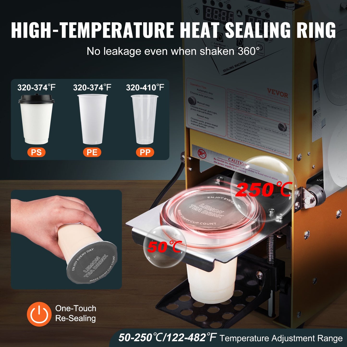 Fully Automatic Cup Sealing Machine, 500-650 Cups/H, Cup Sealer Machine for 180 mm Tall & 90/95 mm Cup, Electric Boba Tea Sealer with Digital Control LCD Panel for Bubble Milk Tea Coffee, Gold