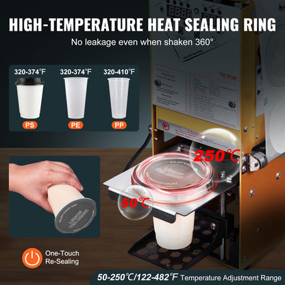 Fully Automatic Cup Sealing Machine, 500-650 Cups/H, Cup Sealer Machine for 180 mm Tall & 90/95 mm Cup, Electric Boba Tea Sealer with Digital Control LCD Panel for Bubble Milk Tea Coffee, Gold