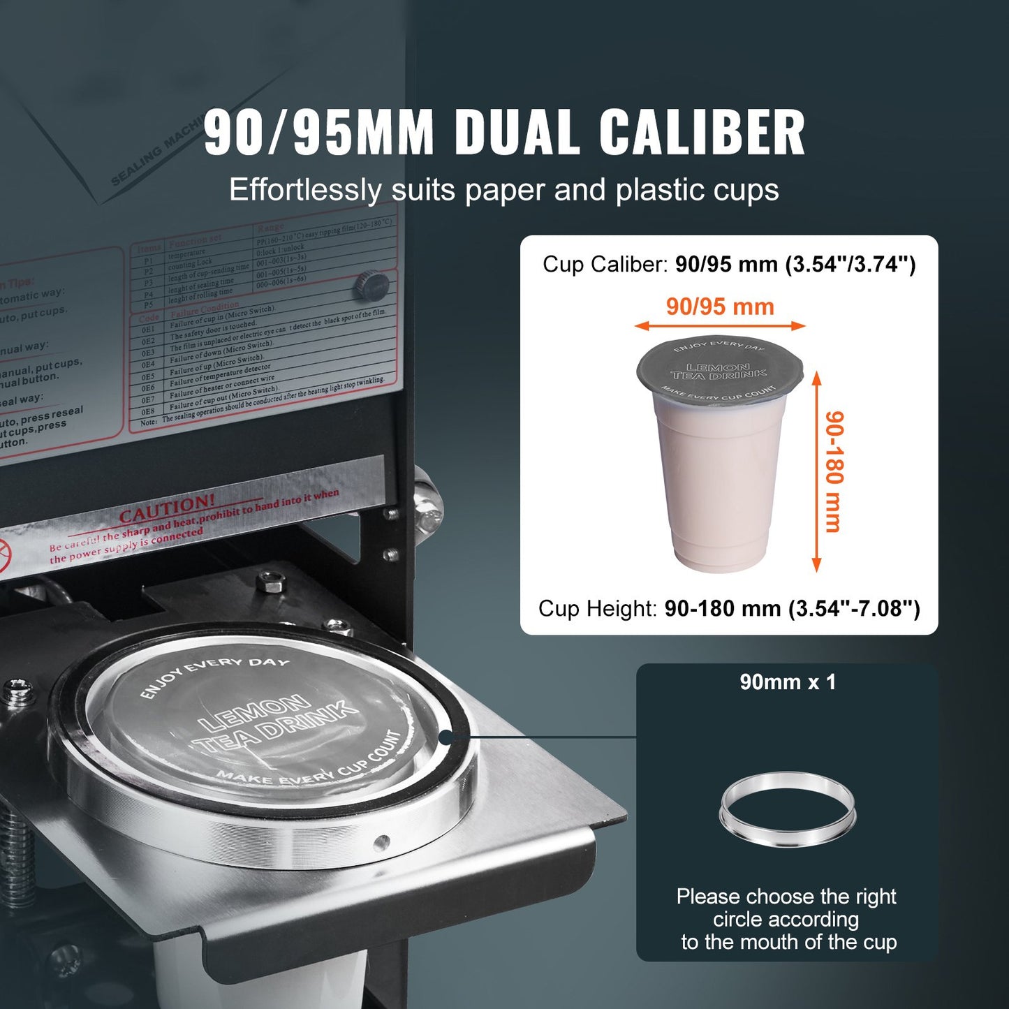 Fully Automatic Cup Sealing Machine, 500-650 Cups/H, Cup Sealer Machine for 180 mm Tall & 90/95 mm Cup, Electric Tea Sealer with Digital Control LCD Panel for Bubble Milk Tea Coffee, Black