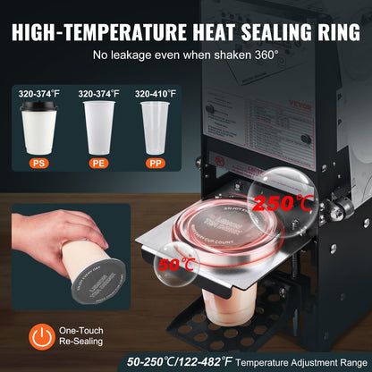 Fully Automatic Cup Sealing Machine, 500-650 Cups/H, Cup Sealer Machine for 180 mm Tall & 90/95 mm Cup, Electric Tea Sealer with Digital Control LCD Panel for Bubble Milk Tea Coffee, Black