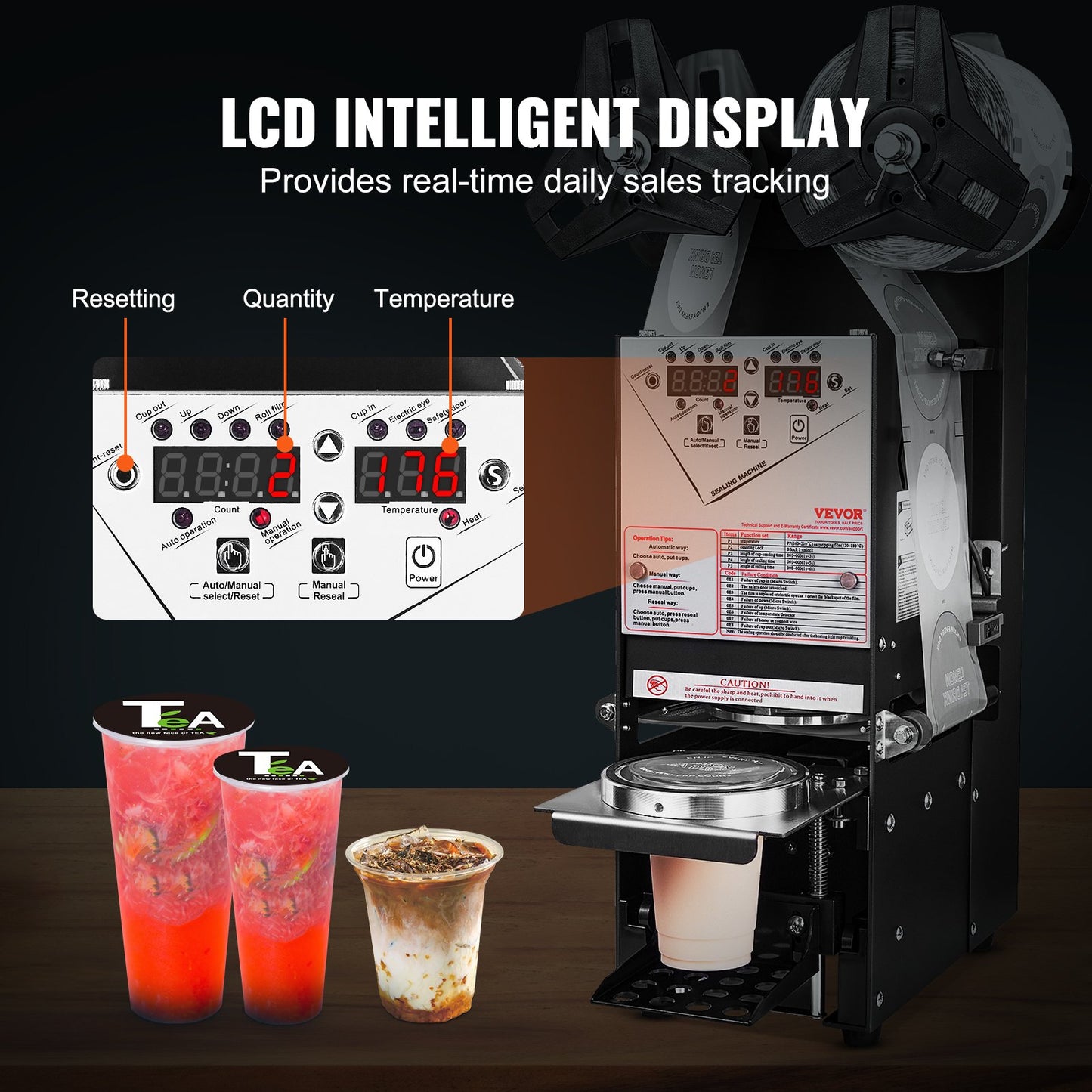 Fully Automatic Cup Sealing Machine, 500-650 Cups/H, Cup Sealer Machine for 180 mm Tall & 90/95 mm Cup, Electric Tea Sealer with Digital Control LCD Panel for Bubble Milk Tea Coffee, Black