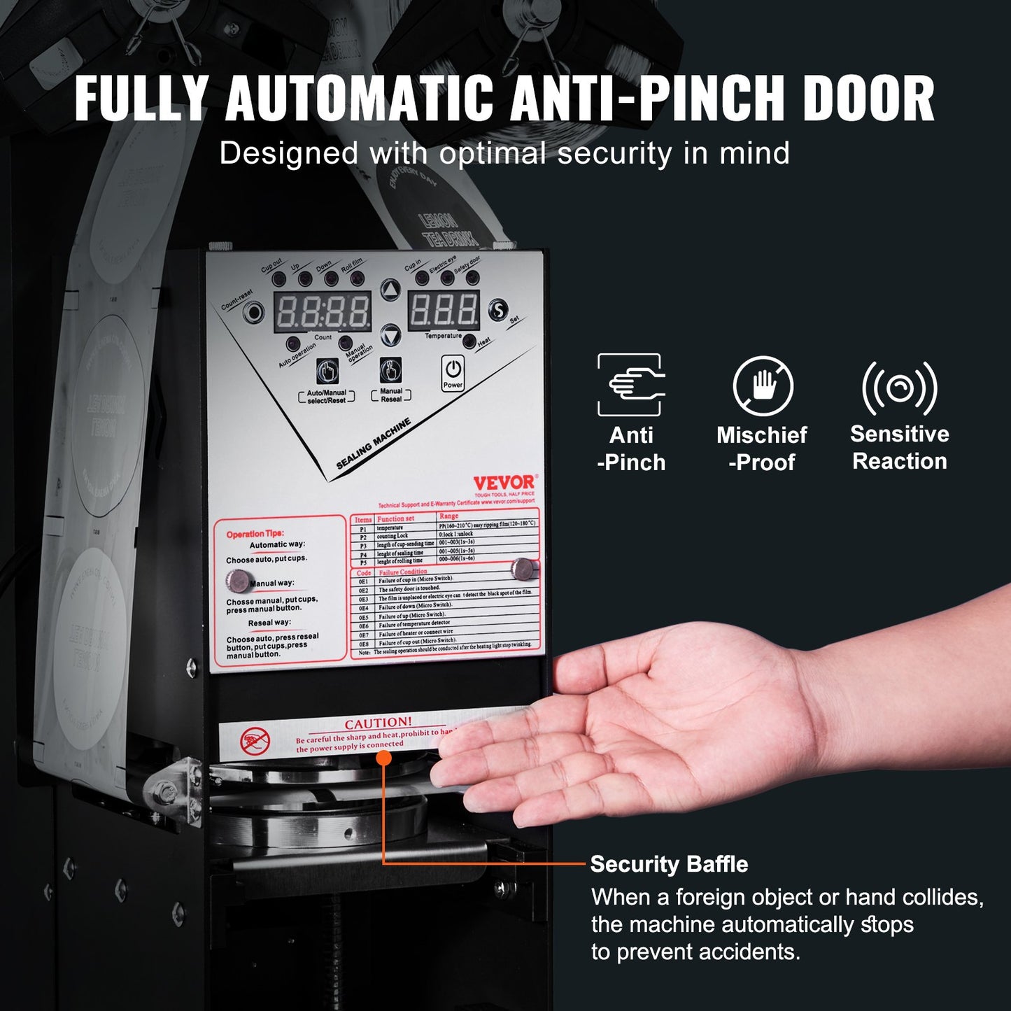 Fully Automatic Cup Sealing Machine, 500-650 Cups/H, Cup Sealer Machine for 180 mm Tall & 90/95 mm Cup, Electric Tea Sealer with Digital Control LCD Panel for Bubble Milk Tea Coffee, Black