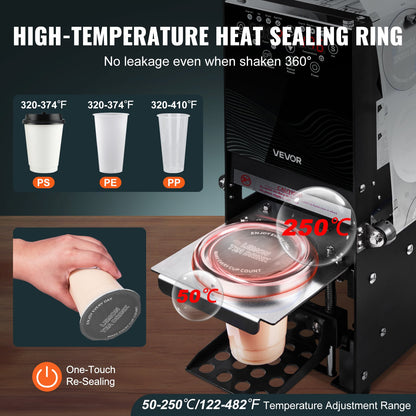 Fully Automatic Cup Sealing Machine, 500-650 Cups/H, Cup Sealer Machine for 180 mm Tall & 90/95 mm Cup, Electric Tea Sealer with Digital Control LCD Panel for Bubble Milk Tea Coffee, Black