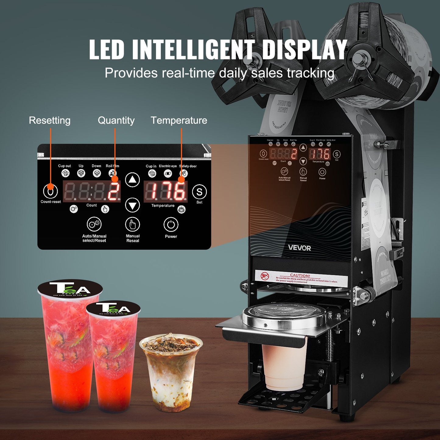 Fully Automatic Cup Sealing Machine, 500-650 Cups/H, Cup Sealer Machine for 180 mm Tall & 90/95 mm Cup, Electric Tea Sealer with Digital Control LCD Panel for Bubble Milk Tea Coffee, Black